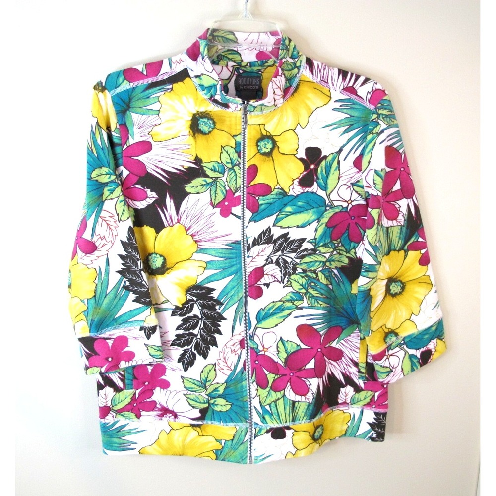 Additions‎ Chico's Full Zip 3/4 Sleeve Mock Neck Floral Jacket Women's Size 1